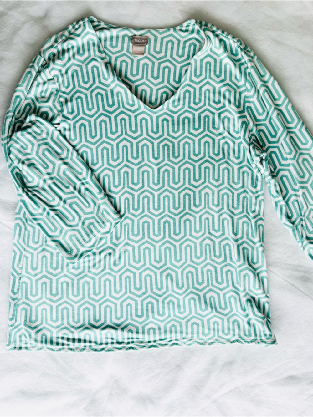 Chico's Teal and White Geometric V-Neck Top